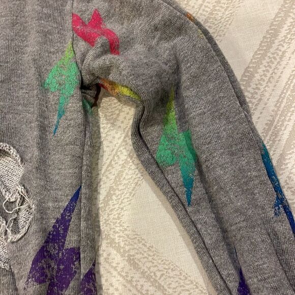 Flowers by Zoe Girls Grey Rainbow Lightning Bolt Ripped Sweatshirt - Picture 4 of 6